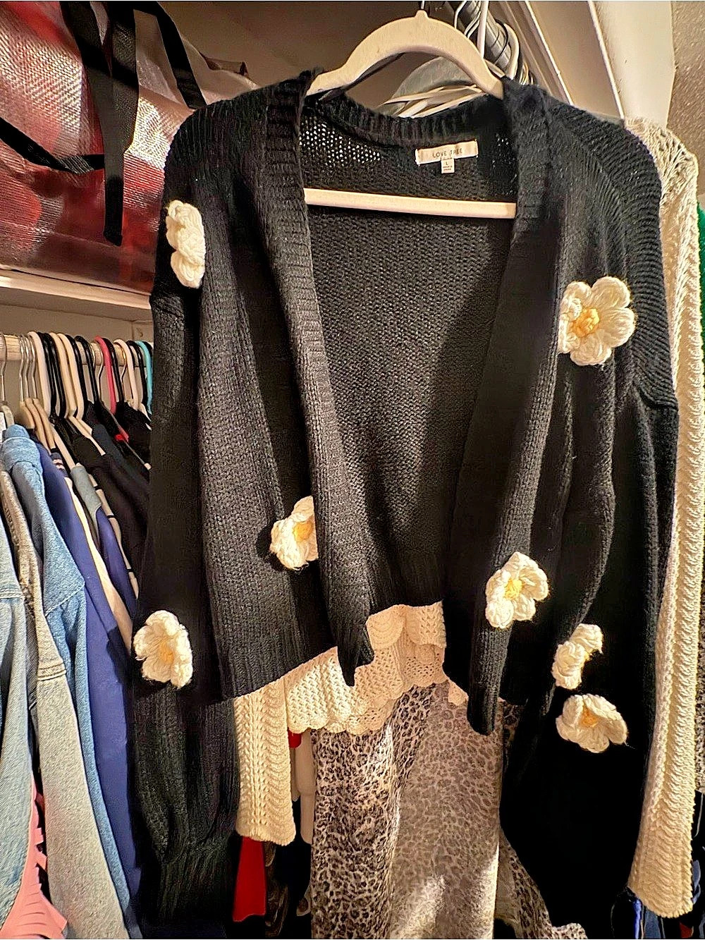 Love Tree Black Cropped Cardigan with Cream Floral Appliqués Floral Cardigan